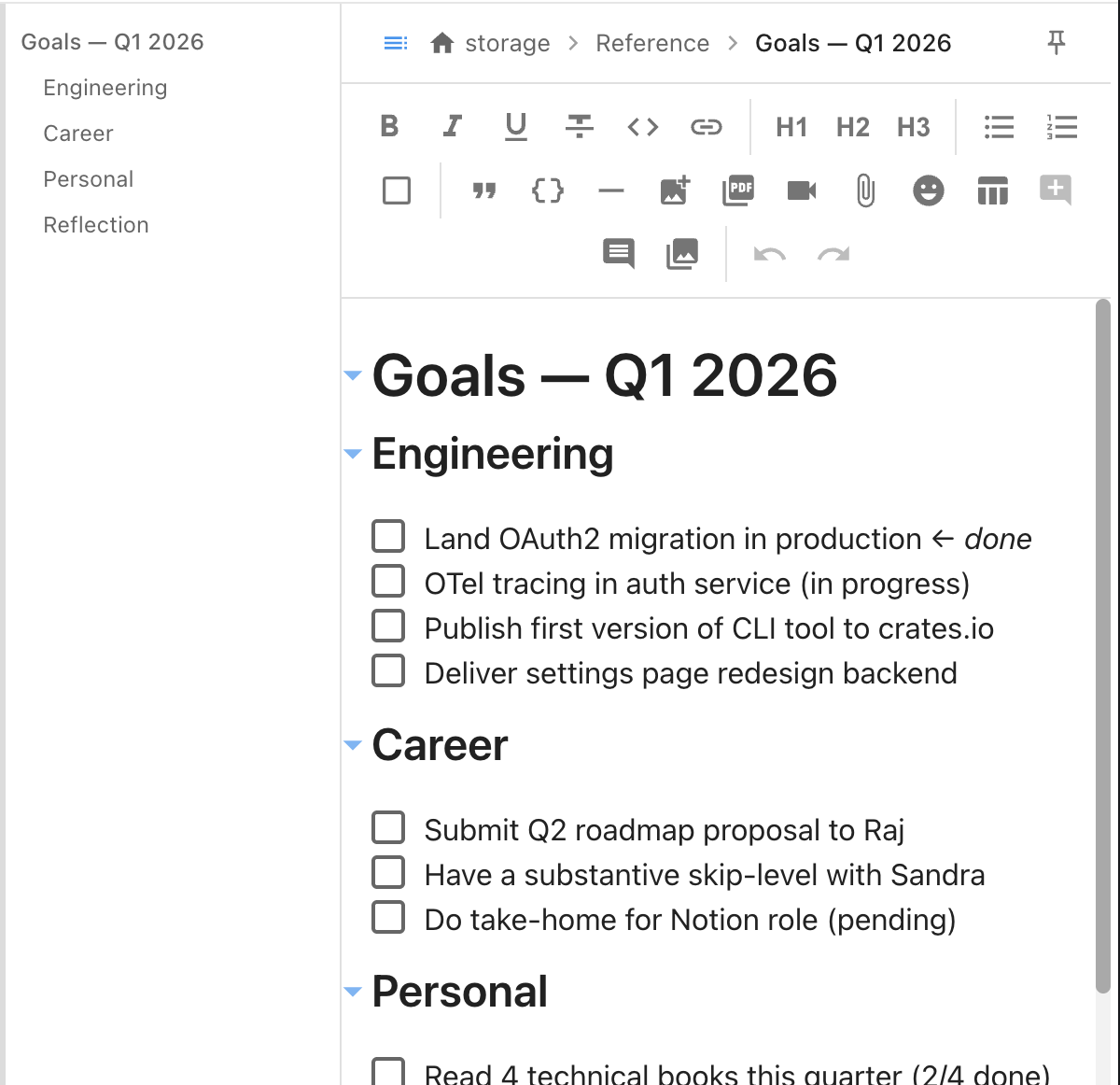 Outline panel showing headings alongside an editor