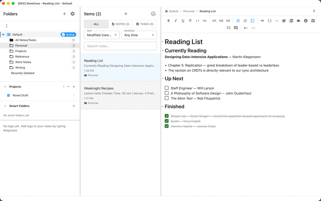 NoteCove light mode workspace with folders, note list, and rich text editor
