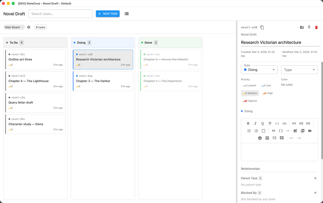 NoteCove kanban board showing project tasks organized in columns