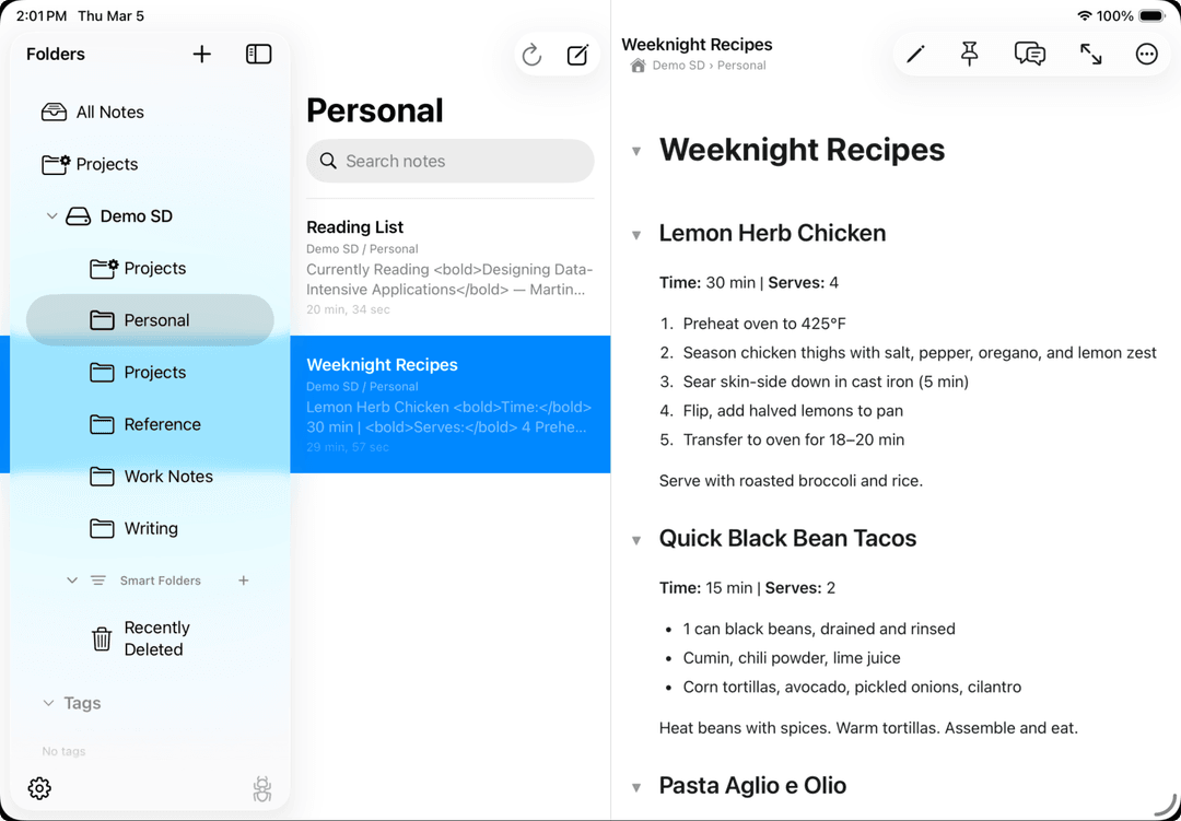 NoteCove on iPad showing two-column note list with tags and search